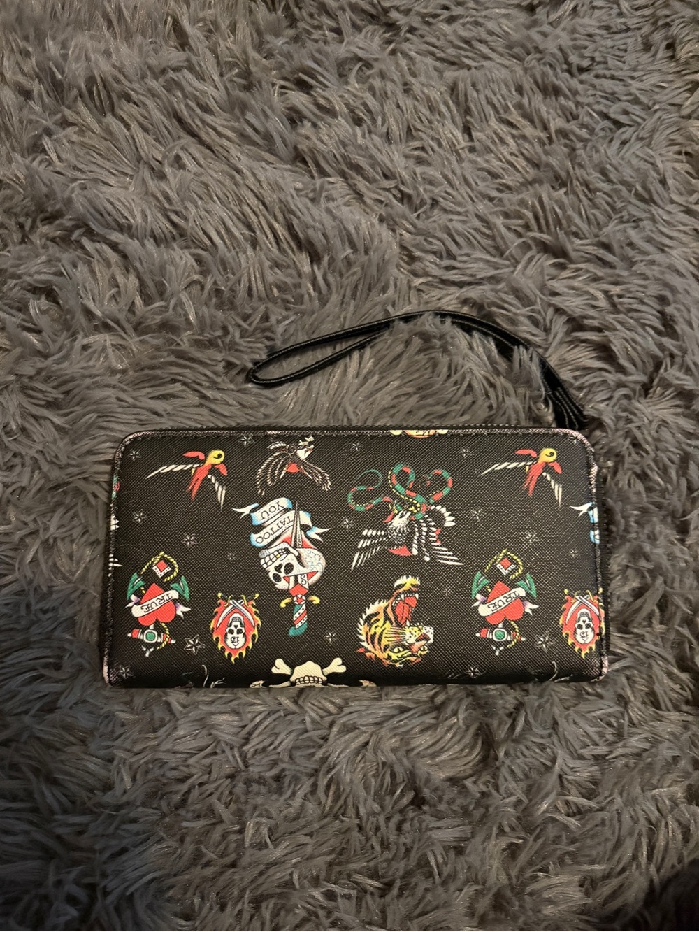 Ed Hardy Black Tattoo Print Zip-Around Wallet